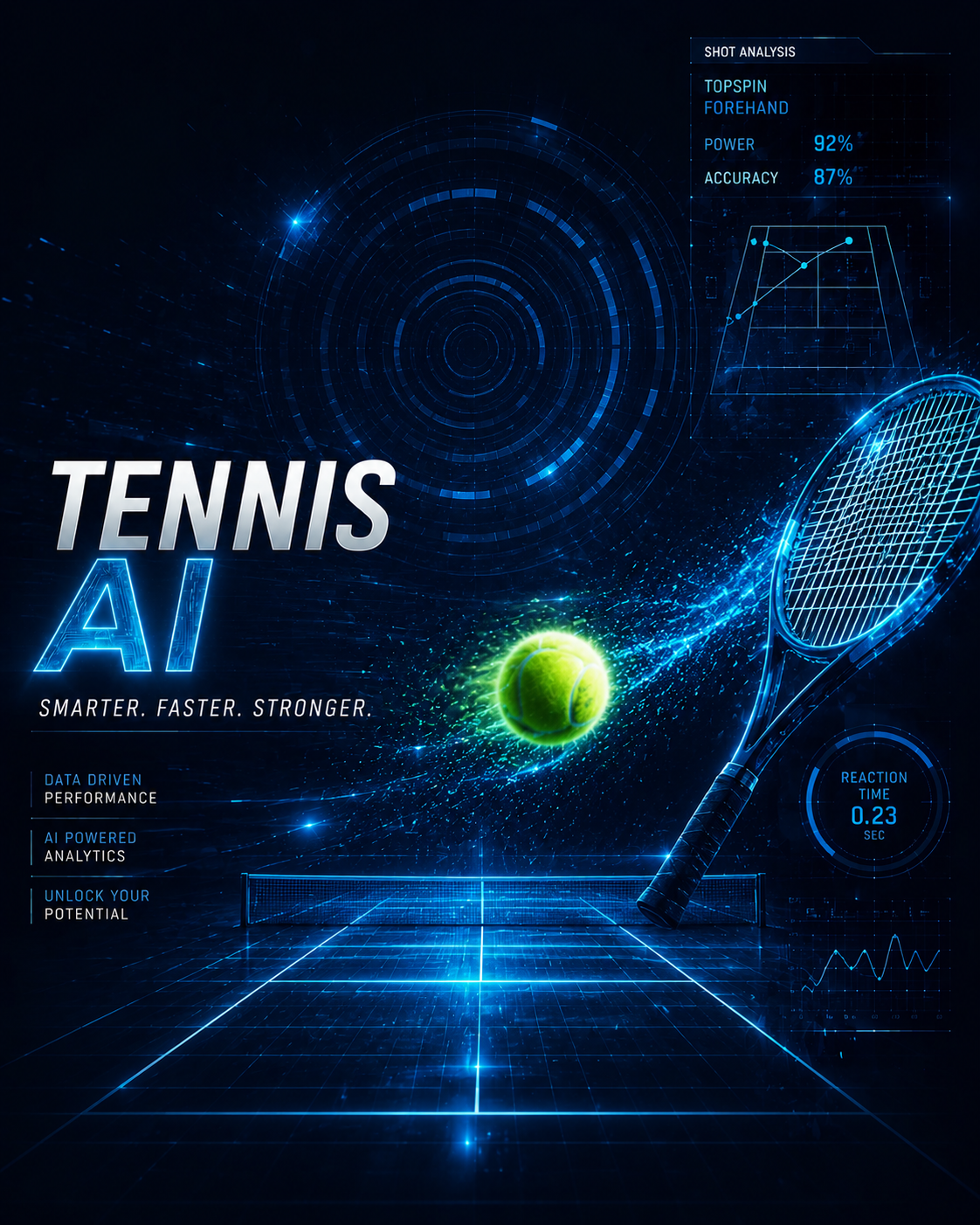 AI-powered tennis coaching illustration showing player with digital analytics overlay